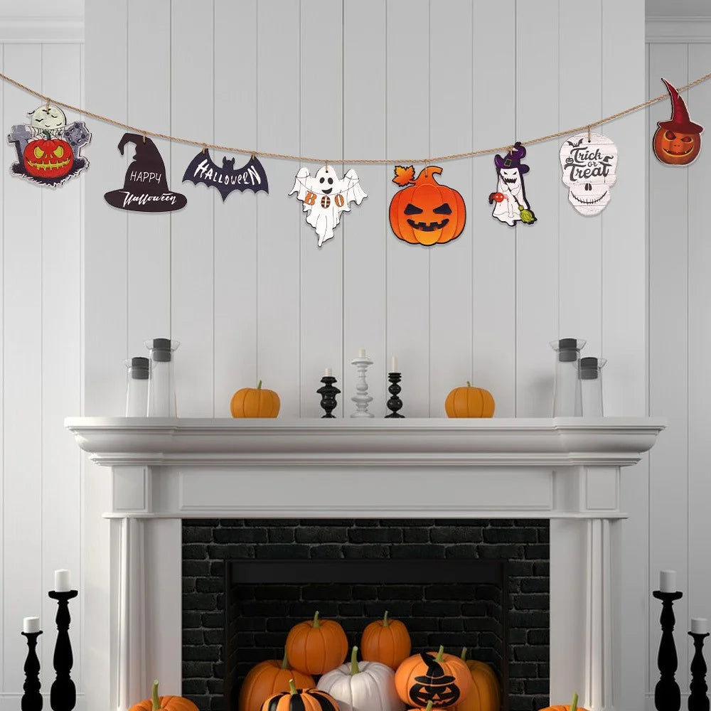 8Pcs / Set Halloween Wooden Slices Pumpkin Ghost Skull Banner Hanging Ornament Pendant - 4