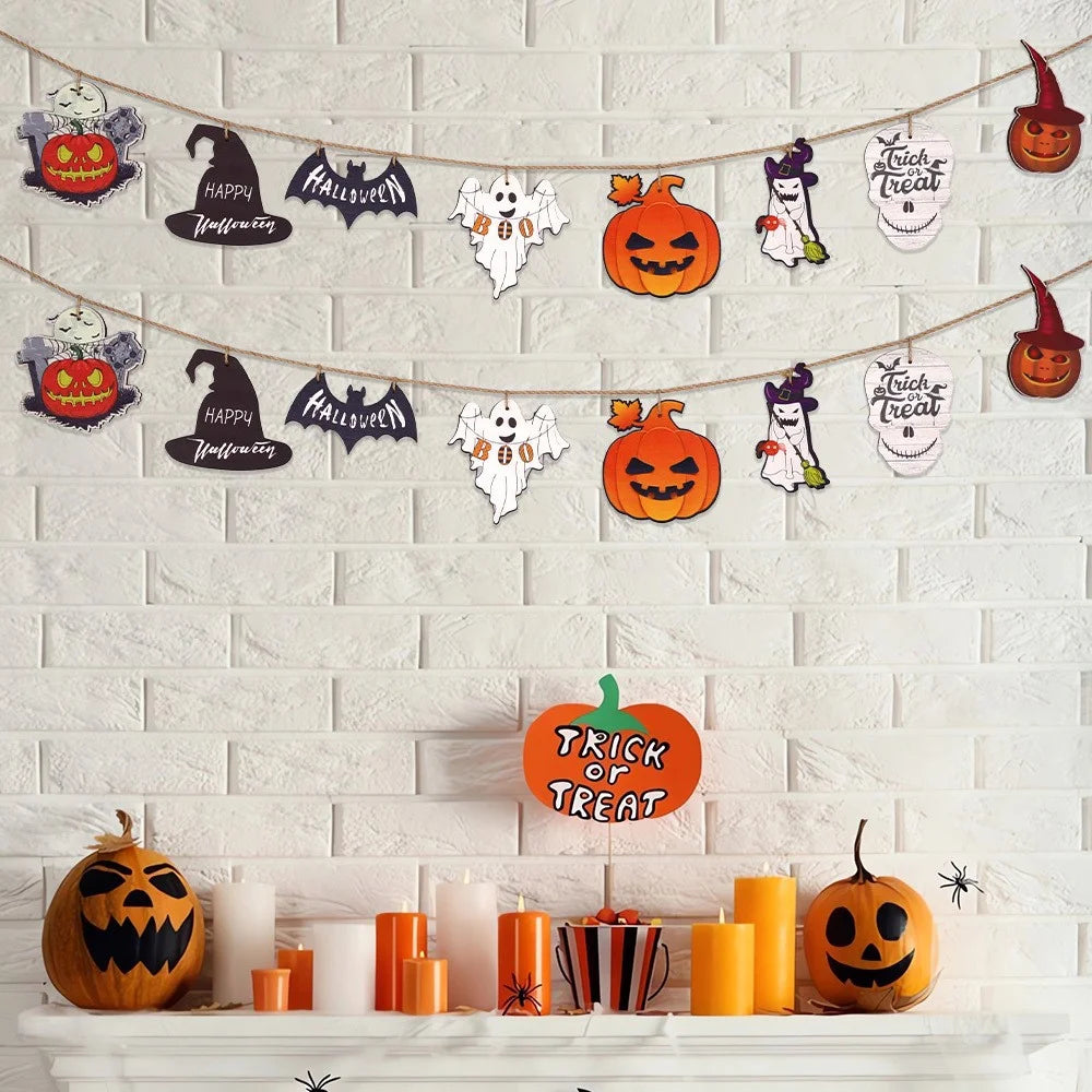 8Pcs / Set Halloween Wooden Slices Pumpkin Ghost Skull Banner Hanging Ornament Pendant - 6