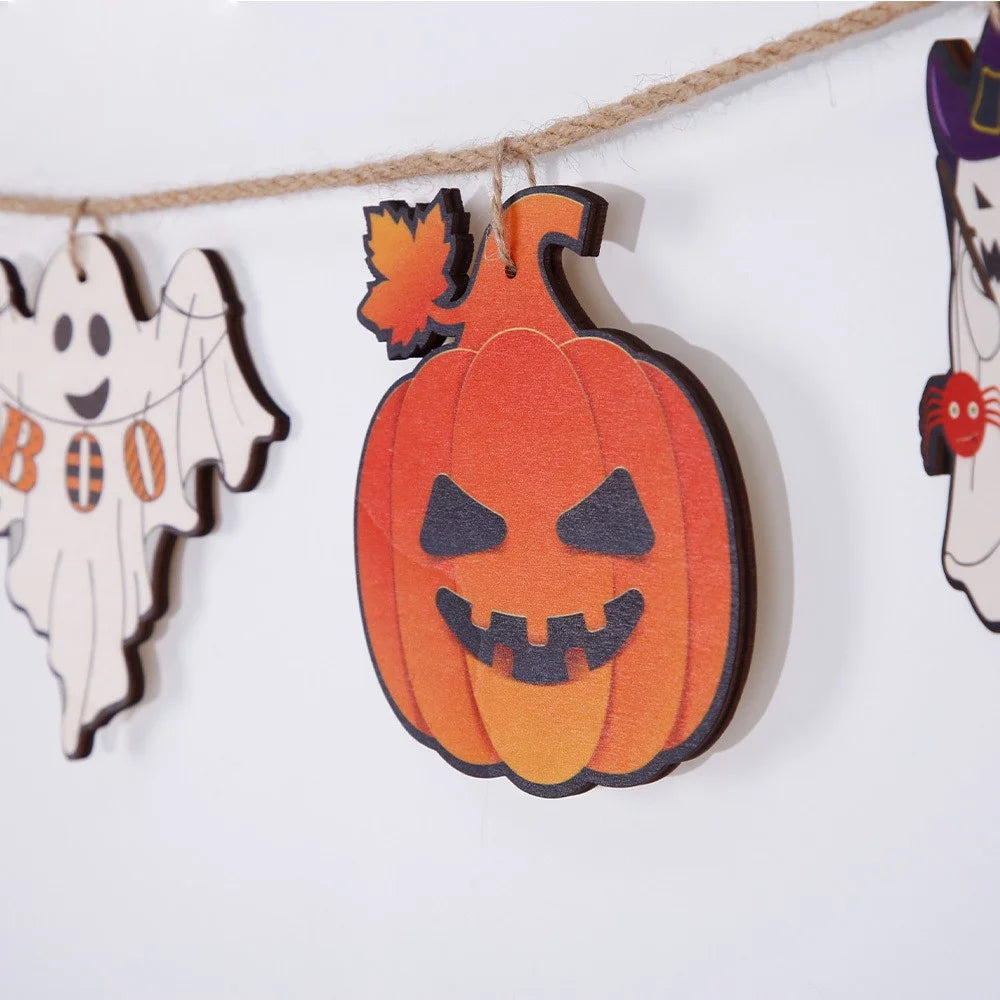 8Pcs / Set Halloween Wooden Slices Pumpkin Ghost Skull Banner Hanging Ornament Pendant - 7