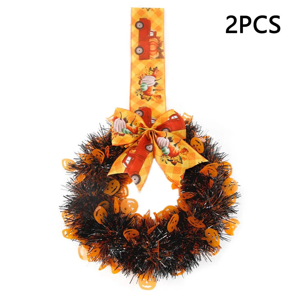 2Pcs / Set Halloween Wreath Bow Tinsel Wreath Front Door Wall Hanging Decoration - Pumpkin - 1