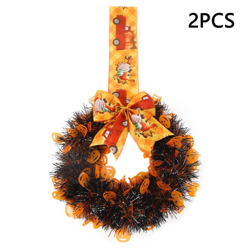 2Pcs / Set Halloween Wreath Bow Tinsel Wreath Front Door Wall Hanging Decoration - Pumpkin - 1