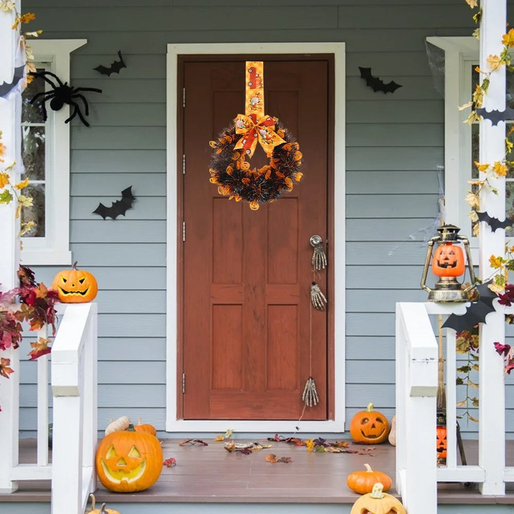 2Pcs / Set Halloween Wreath Bow Tinsel Wreath Front Door Wall Hanging Decoration - Pumpkin - 2
