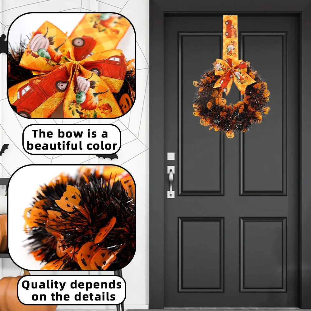 2Pcs / Set Halloween Wreath Bow Tinsel Wreath Front Door Wall Hanging Decoration - Pumpkin - 3