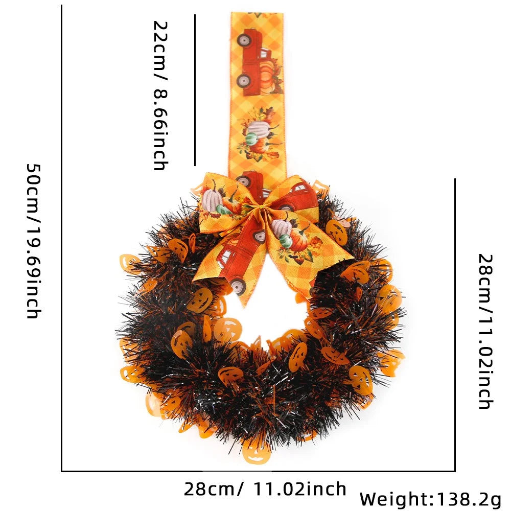 2Pcs / Set Halloween Wreath Bow Tinsel Wreath Front Door Wall Hanging Decoration - Pumpkin - 4
