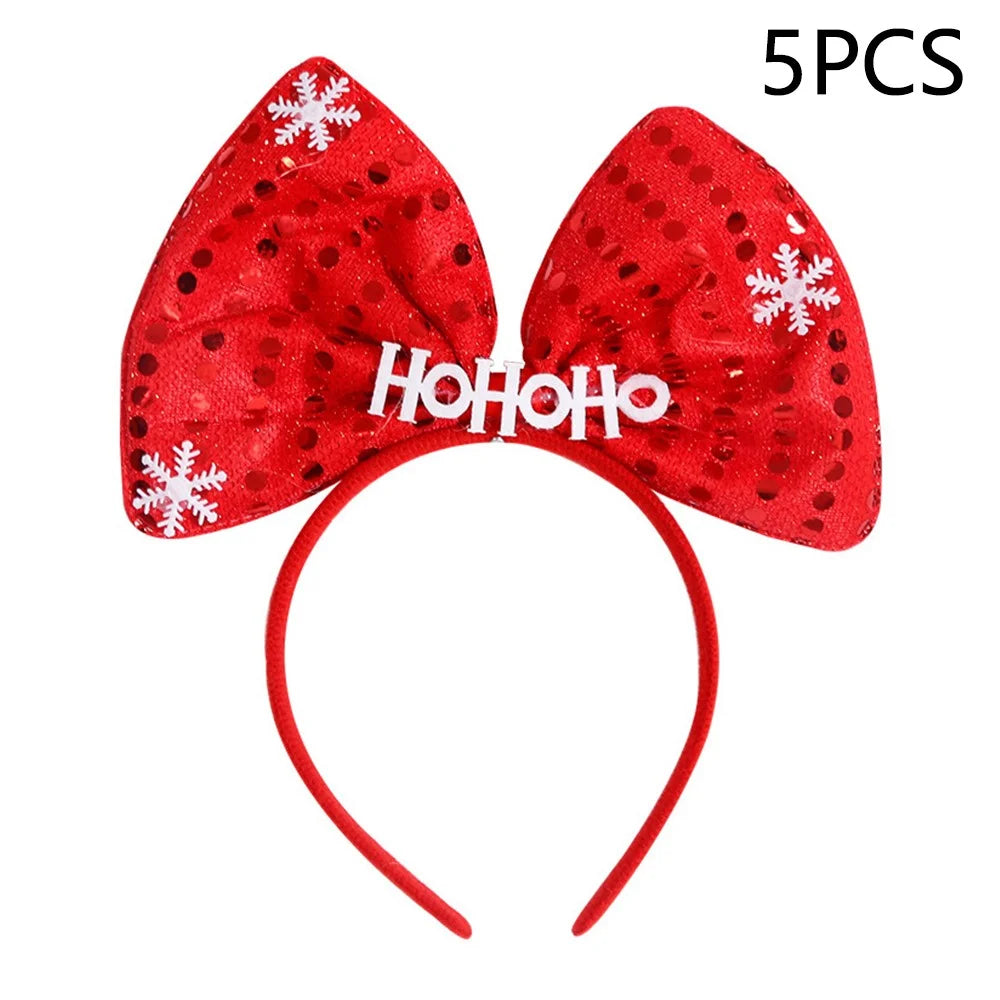 5Pcs Lovely Plastic+Cloth Christmas Headband Hair Hoop Cute Xmas Headwear Photo Props - HOHOHO Bowknot - 1