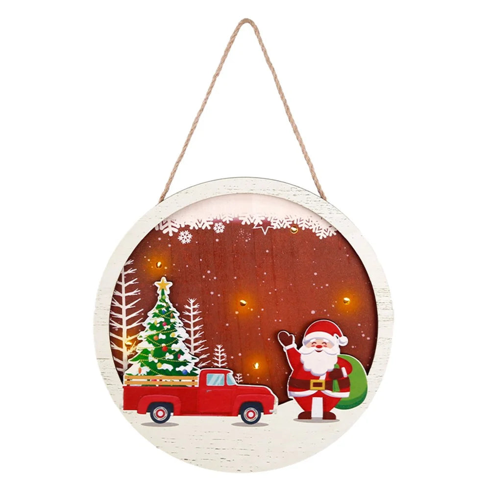 Christmas Round Wooden Sign Door Decoration Xmas Hanging Ornament with LED Light - Santa Claus and Car - 1