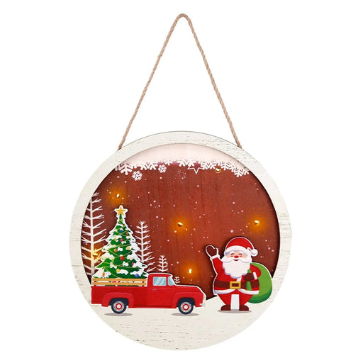 Christmas Round Wooden Sign Door Decoration Xmas Hanging Ornament with LED Light - Santa Claus and Car - 1