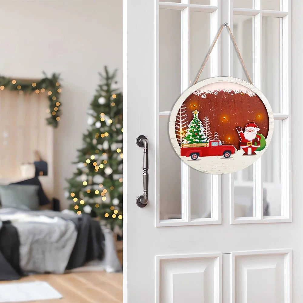 Christmas Round Wooden Sign Door Decoration Xmas Hanging Ornament with LED Light - Santa Claus and Car - 2