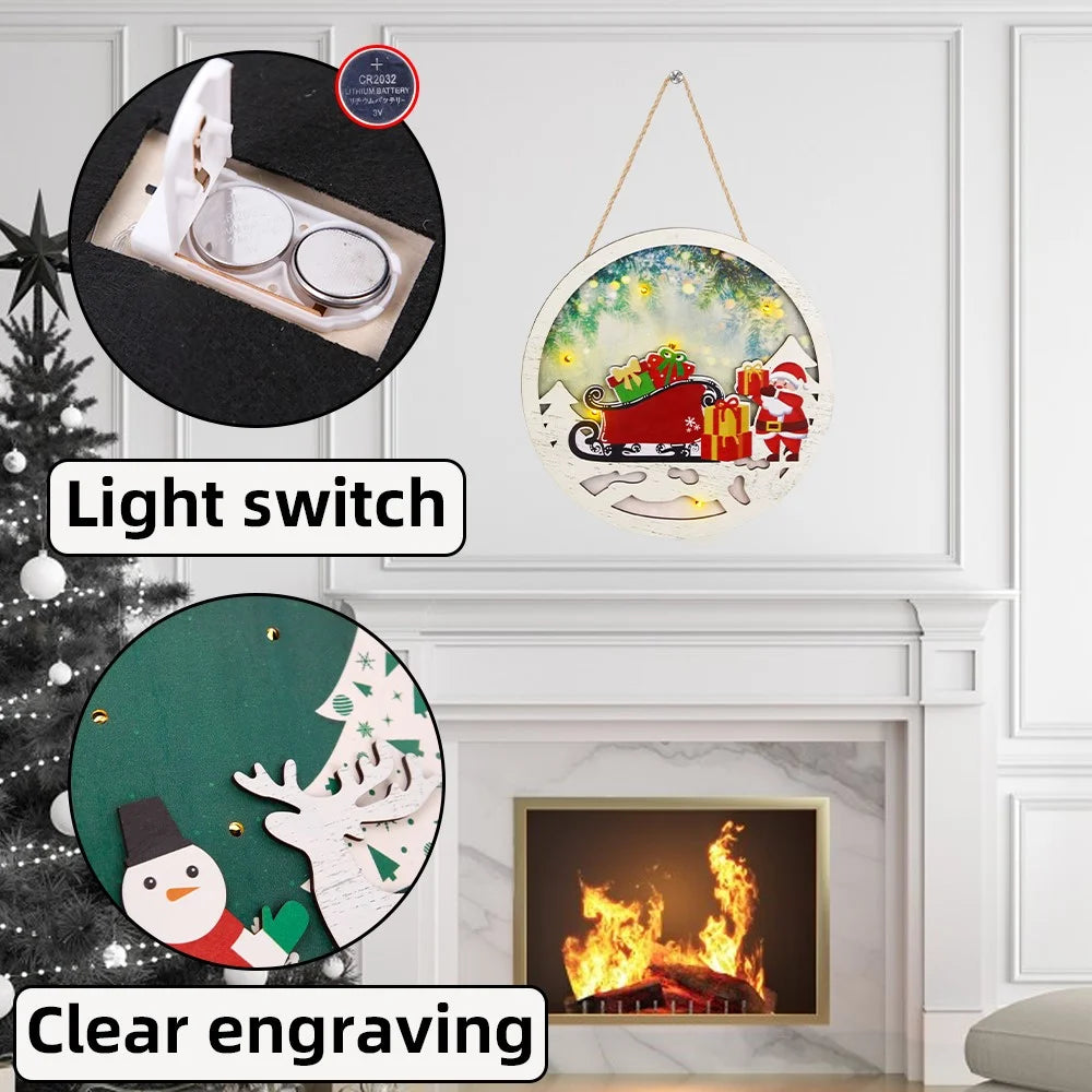 Christmas Round Wooden Sign Door Decoration Xmas Hanging Ornament with LED Light - Santa Claus and Car - 3