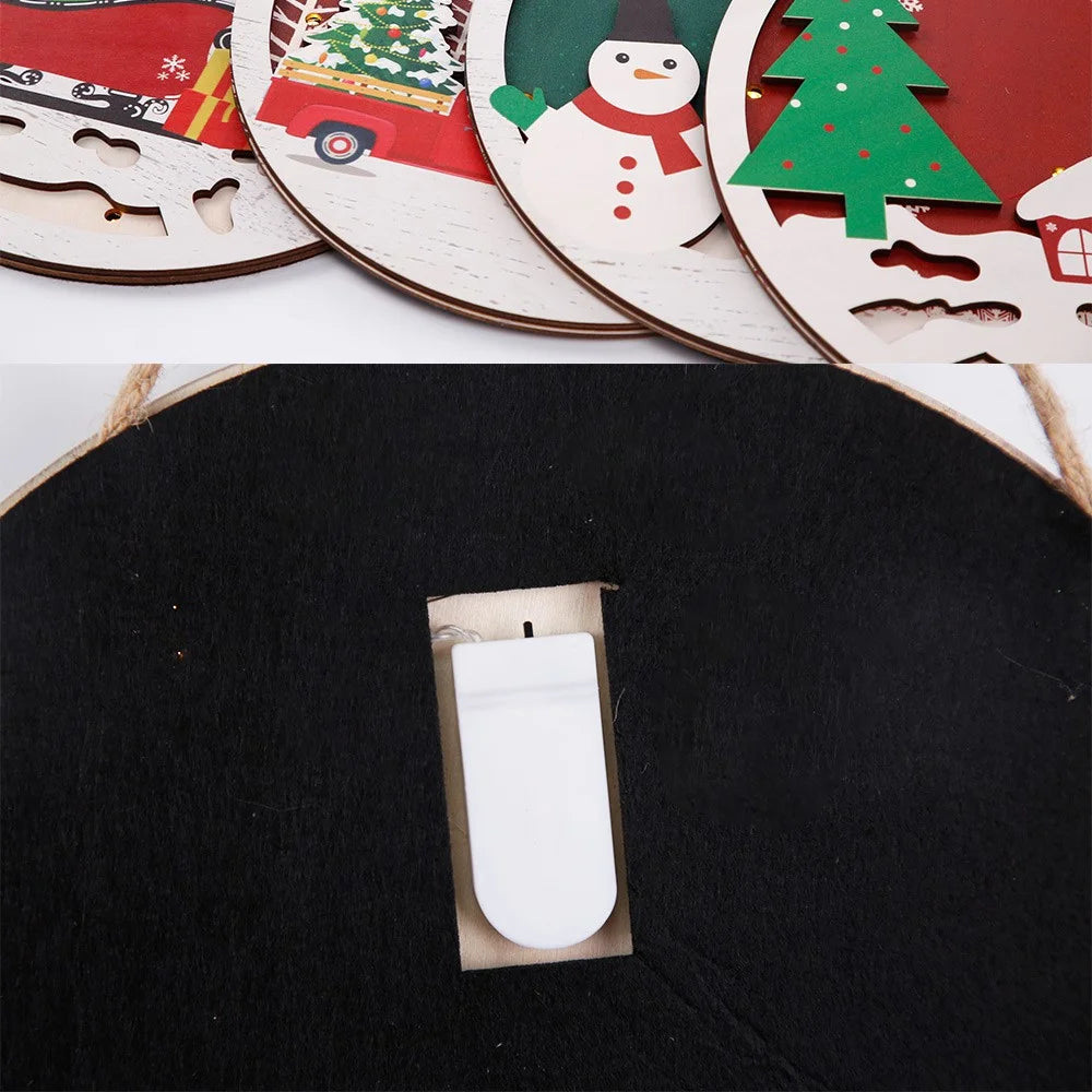 Christmas Round Wooden Sign Door Decoration Xmas Hanging Ornament with LED Light - Santa Claus and Car - 5