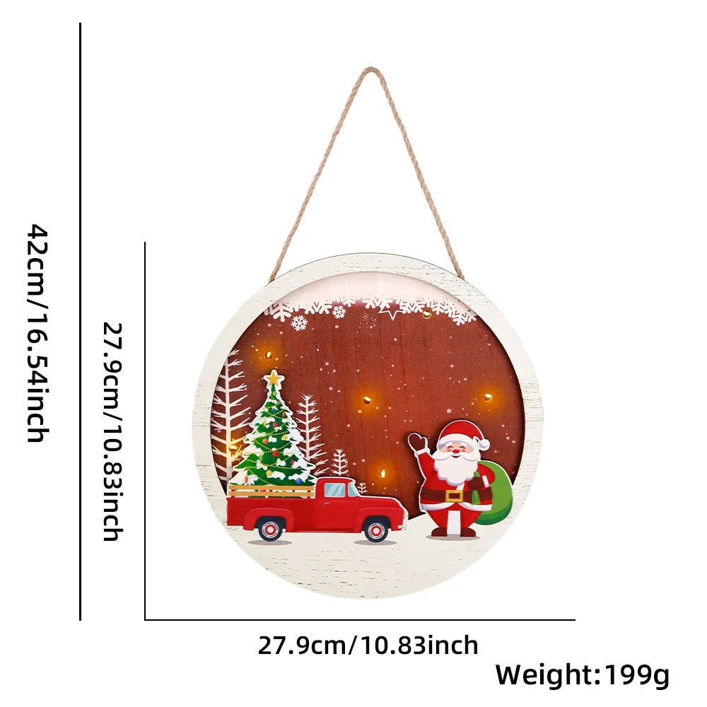 Christmas Round Wooden Sign Door Decoration Xmas Hanging Ornament with LED Light - Santa Claus and Car - 6