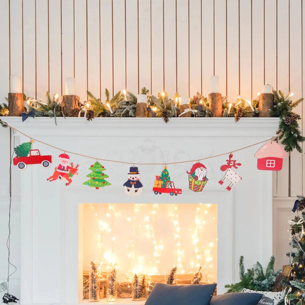 8PCS Christmas Wooden Hanging Ornaments Santa Claus Snowman Decoration Xmas Wood Banner Flag - 2