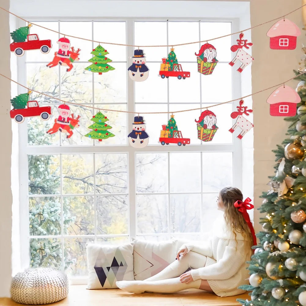 8PCS Christmas Wooden Hanging Ornaments Santa Claus Snowman Decoration Xmas Wood Banner Flag - 3
