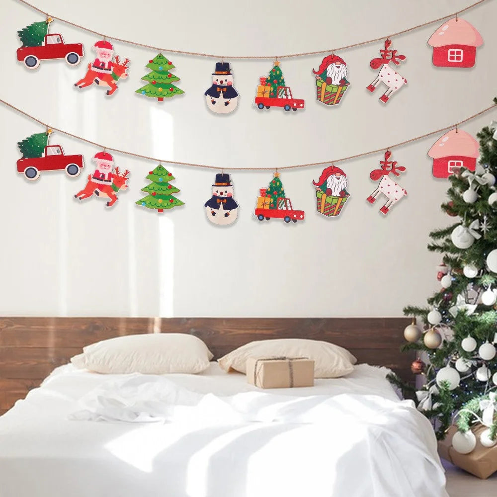 8PCS Christmas Wooden Hanging Ornaments Santa Claus Snowman Decoration Xmas Wood Banner Flag - 4