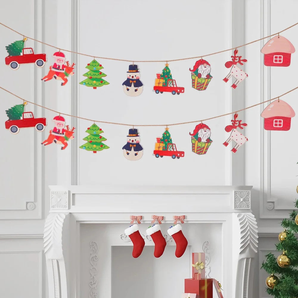 8PCS Christmas Wooden Hanging Ornaments Santa Claus Snowman Decoration Xmas Wood Banner Flag - 5
