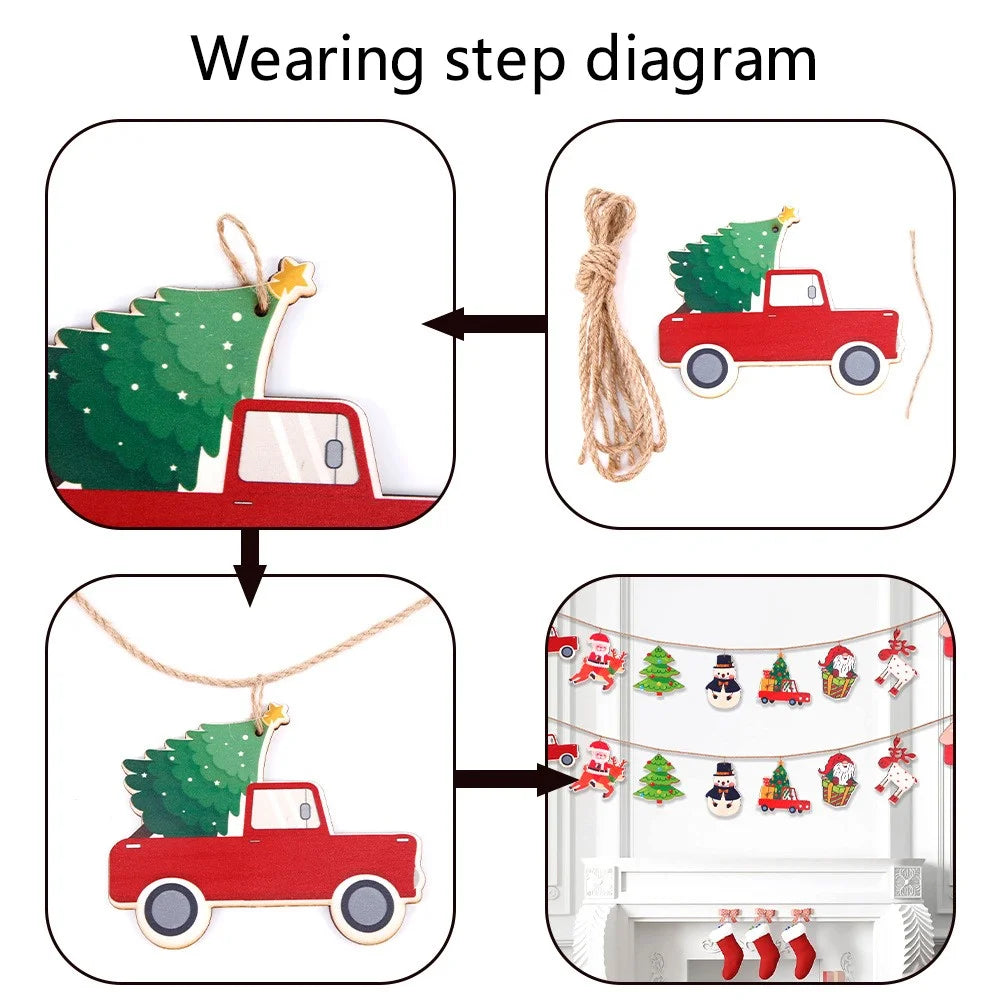 8PCS Christmas Wooden Hanging Ornaments Santa Claus Snowman Decoration Xmas Wood Banner Flag - 7