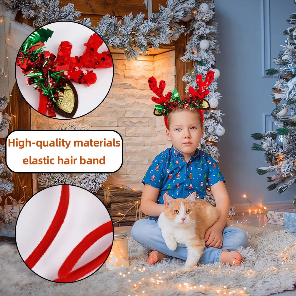 2Pcs Christmas Hair Hoop Glitter Sequins Antler Headband Xmas Party Costume Headwear - Red Antler - 6