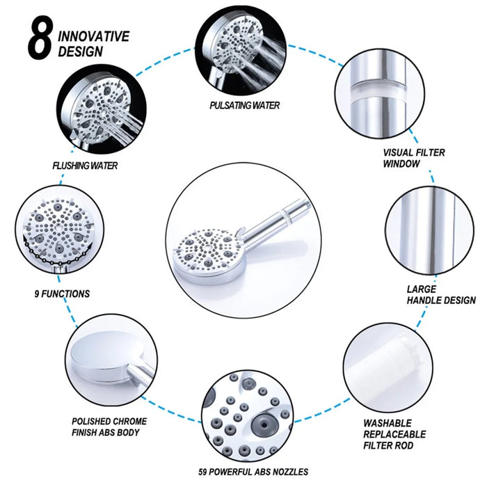 DCH8001CP-2 Handheld Shower Head 9 Mode Showerhead with PP Cotton Filter Bathroom Accessories - Silver - 5