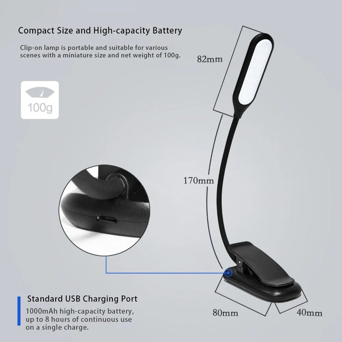 CN1001 Rechargeable LED Clip-on Book Light 3 Color Temperature ABS Reading Lamp - Black - 3