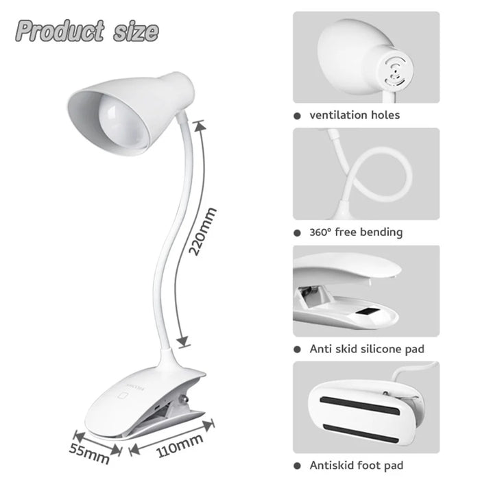 8013F Adjustable Hose Clip-on LED Table Light 3 Brightness USB Charging Reading Lamp - 2