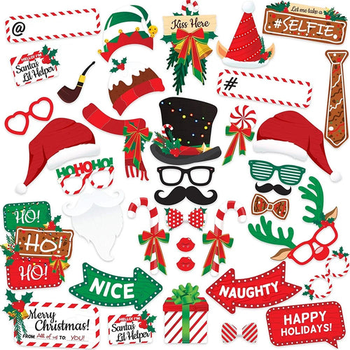 38Pcs / Set Christmas Photo Props Kit Santa Hat Lips Beard Glasses Birthday Party Supplies - 1