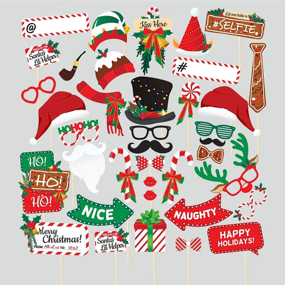 38Pcs / Set Christmas Photo Props Kit Santa Hat Lips Beard Glasses Birthday Party Supplies - 3