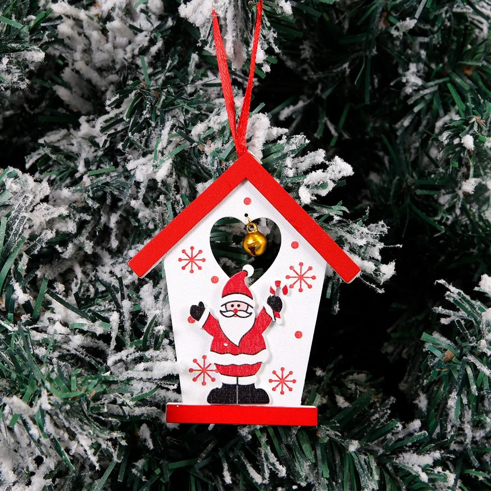 10Pcs Small House Shape Christmas Wooden Decor Xmas Tree Hanging Ornament - Santa Claus - 2
