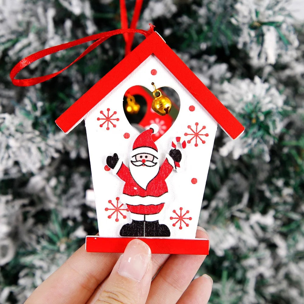 10Pcs Small House Shape Christmas Wooden Decor Xmas Tree Hanging Ornament - Santa Claus - 3