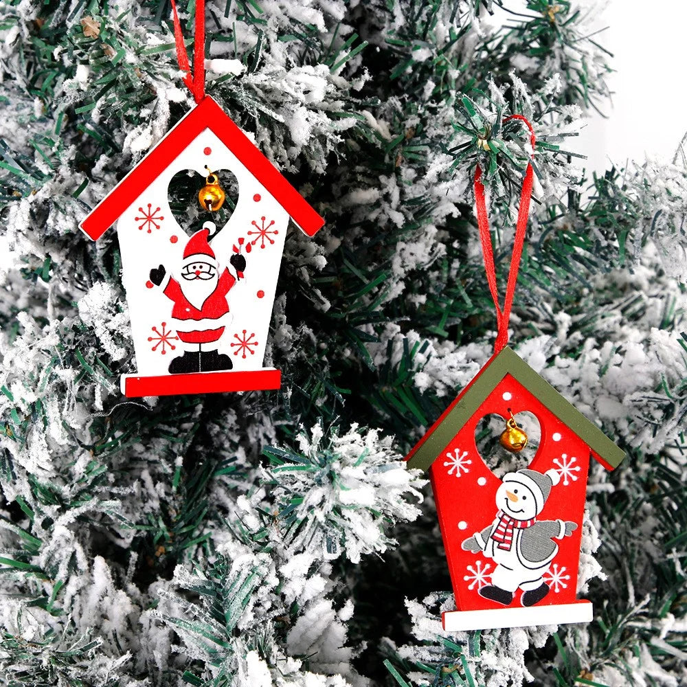 10Pcs Small House Shape Christmas Wooden Decor Xmas Tree Hanging Ornament - Santa Claus - 4