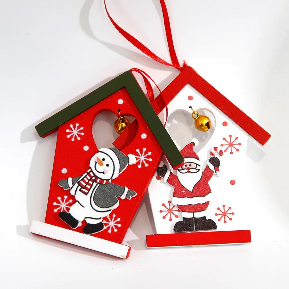 10Pcs Small House Shape Christmas Wooden Decor Xmas Tree Hanging Ornament - Santa Claus - 5