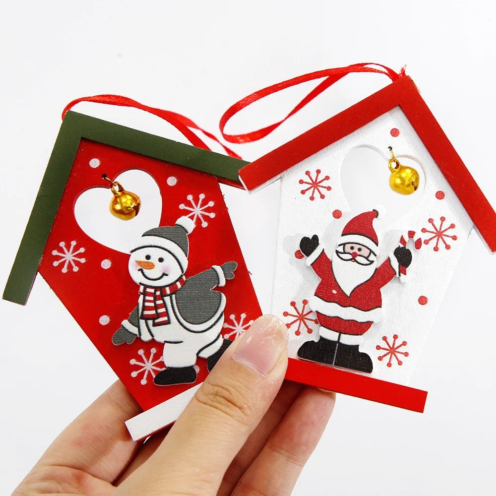 10Pcs Small House Shape Christmas Wooden Decor Xmas Tree Hanging Ornament - Santa Claus - 6