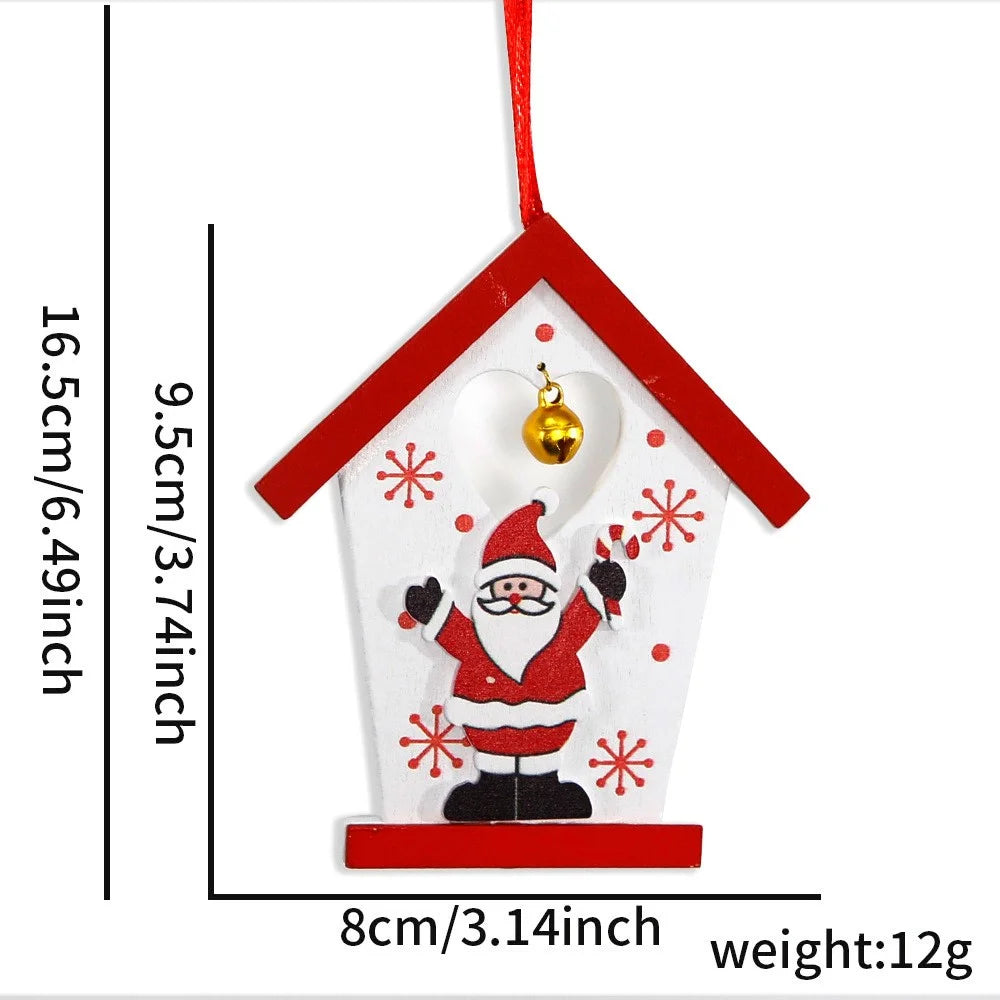 10Pcs Small House Shape Christmas Wooden Decor Xmas Tree Hanging Ornament - Santa Claus - 7