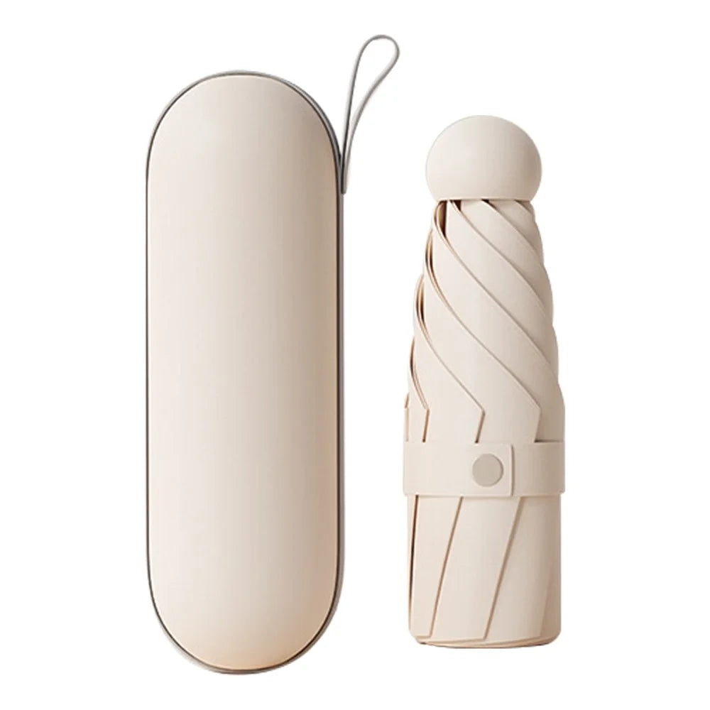 Travel 5-fold 6 Ribs Mini Umbrella Anti-UV Folding Umbrella, with Capsule Case - Beige - 1