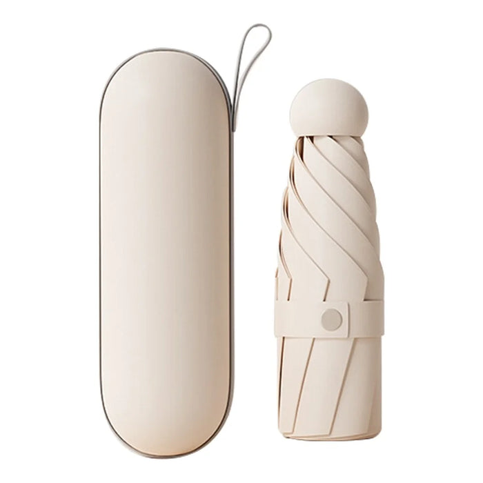 Travel 5-fold 6 Ribs Mini Umbrella Anti-UV Folding Umbrella, with Capsule Case - Beige - 1