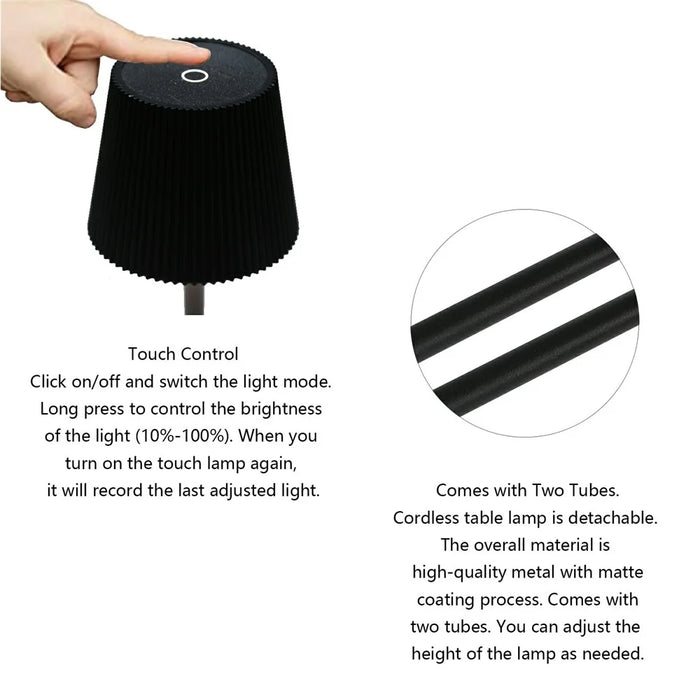 ML-G04 Bedside Light Vintage Pleated Table Light Reading Lamp (Built-in 2000mAh Battery) - Black - 4