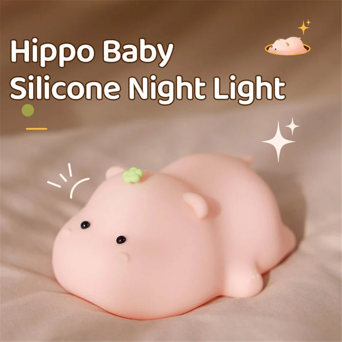 A002 Cute Hippo Baby Soft Silicone LED Night Lamp Rechargeable Bedside Tap Light - 2