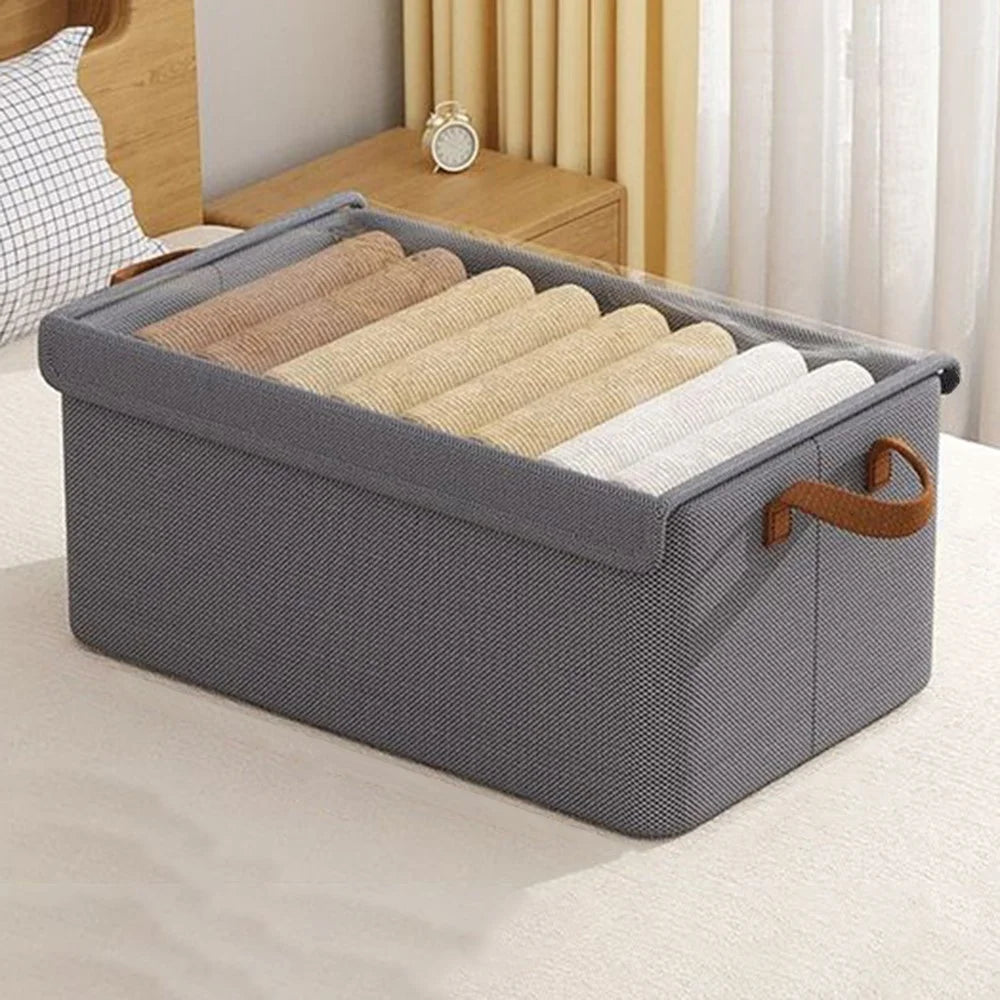 Foldable Steel Frame Cationic Cloth Clothes Storage Box with Lid Closet Wardrobe Dustproof Organizer - Grey - 1