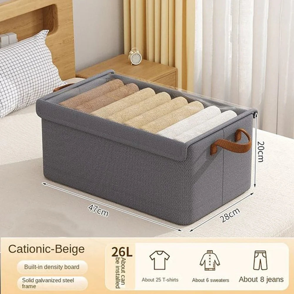 Foldable Steel Frame Cationic Cloth Clothes Storage Box with Lid Closet Wardrobe Dustproof Organizer - Grey - 2