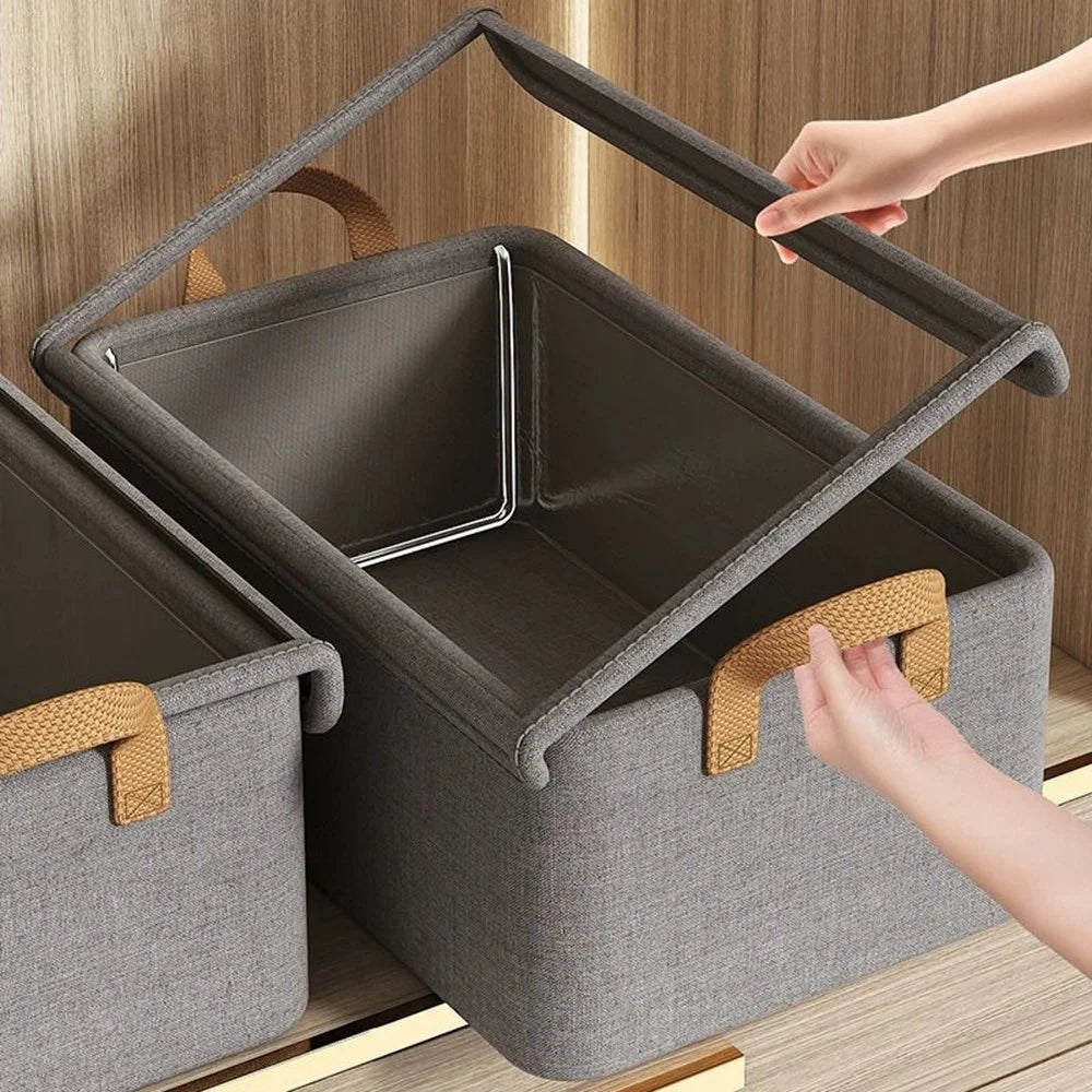 Foldable Steel Frame Cationic Cloth Clothes Storage Box with Lid Closet Wardrobe Dustproof Organizer - Grey - 3