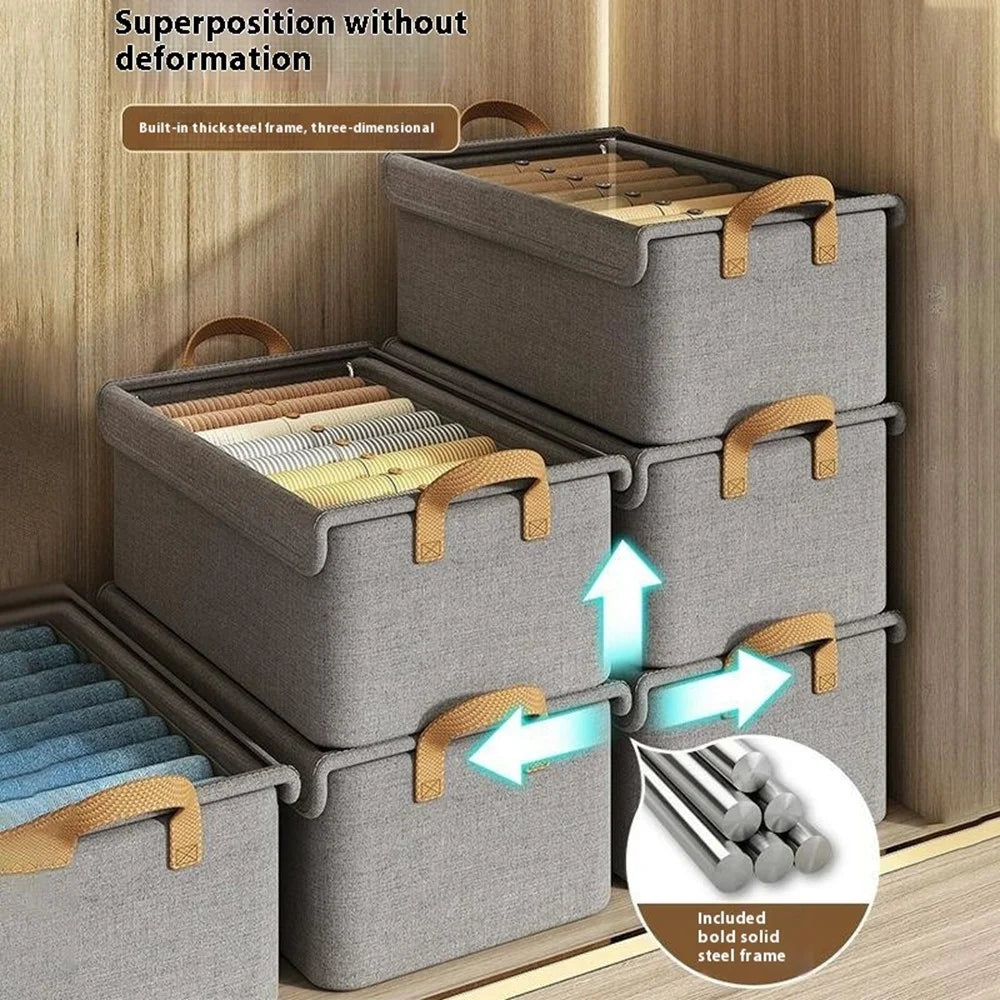 Foldable Steel Frame Cationic Cloth Clothes Storage Box with Lid Closet Wardrobe Dustproof Organizer - Grey - 4