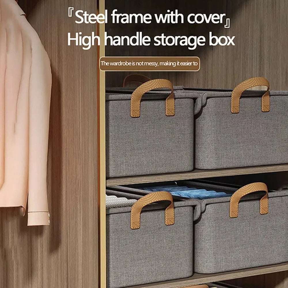 Foldable Steel Frame Cationic Cloth Clothes Storage Box with Lid Closet Wardrobe Dustproof Organizer - Grey - 6