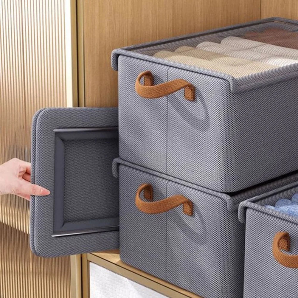 Foldable Steel Frame Cationic Cloth Clothes Storage Box with Lid Closet Wardrobe Dustproof Organizer - Grey - 7