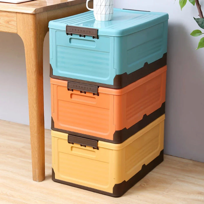 PP Lidded Storage Bin Foldable Storage Box Stackable Container for Outdoor Home Storage, Size: S - Blue - 7