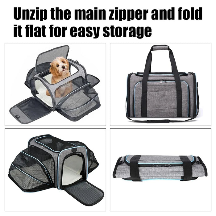Portable Pet Carrier with Shoulder Strap Large Capacity Travel Expandable Tote Bag for Cats Dogs Gift, Size M - Grey+Blue - 5