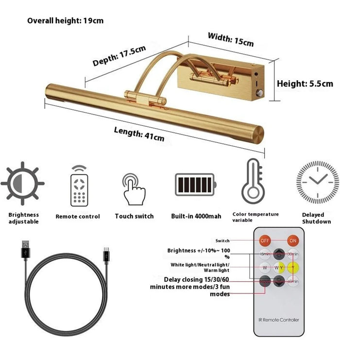 Remote Control Picture Light Stepless Dimmable Wireless Mirror Lamp for Artwork  /  Paintings - 6
