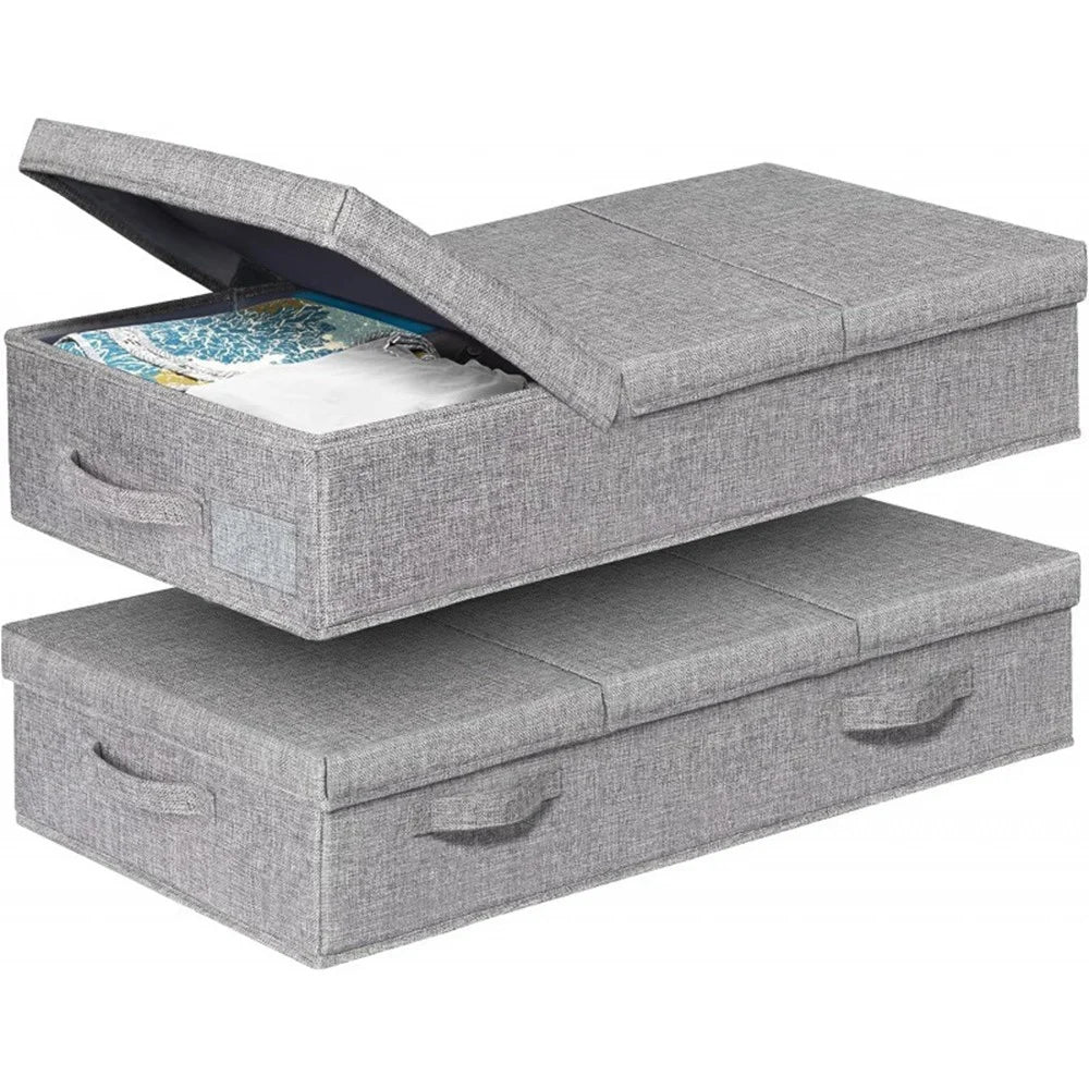 2Pcs Under Bed Storage Box with Lid Foldable Organizer Container for Clothes Blankets Toys - Grey - 1