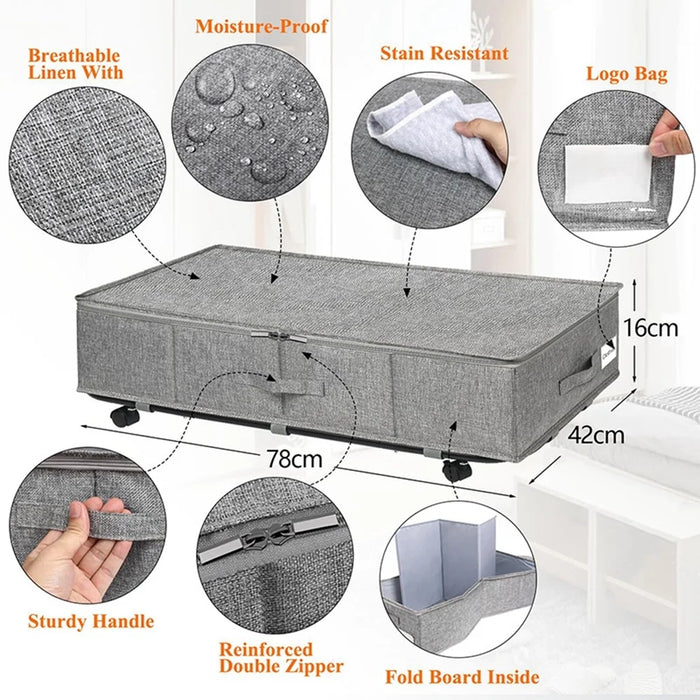 1Pc Imitation Linen Under Bed Storage Box with Wheels Foldable Closet Organizer for Blanket Toy - 6