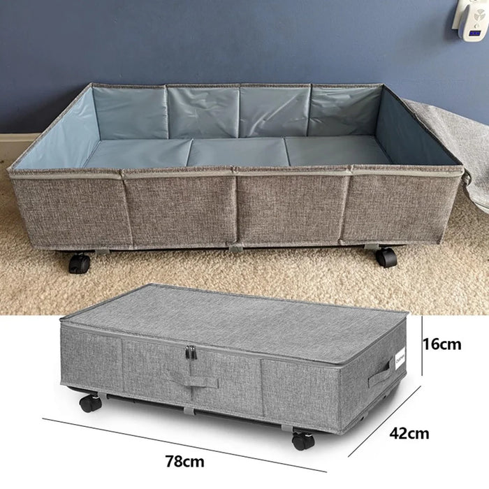 1Pc Imitation Linen Under Bed Storage Box with Wheels Foldable Closet Organizer for Blanket Toy - 7