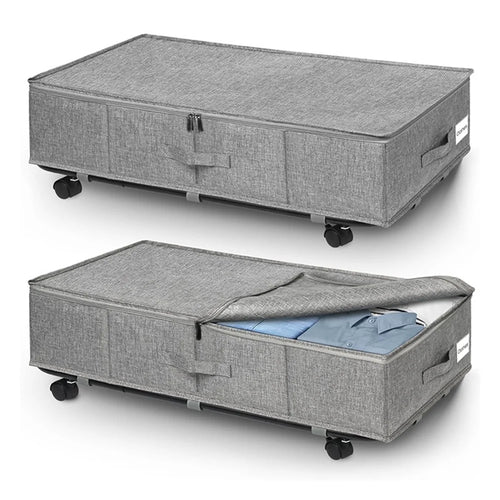 2Pcs Imitation Linen Under Bed Storage Box with Wheels Foldable Closet Organizer for Blanket Toy - 1