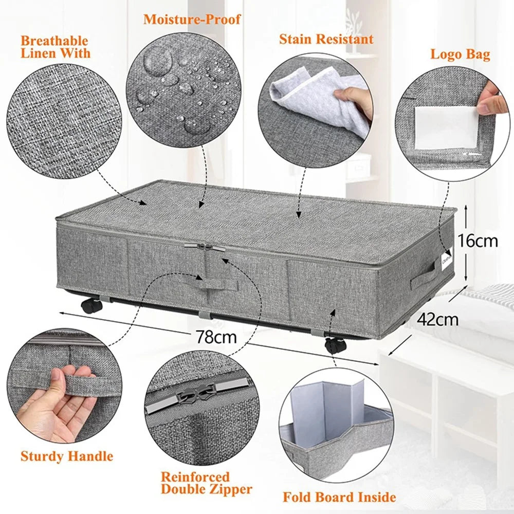 2Pcs Imitation Linen Under Bed Storage Box with Wheels Foldable Closet Organizer for Blanket Toy - 7